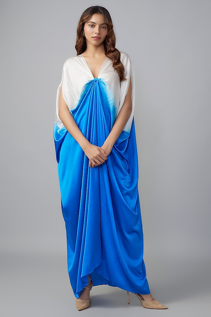 Blue Ombre Silk Lycra Satin Kaftan by Stephany at Pernia's Pop Up Shop