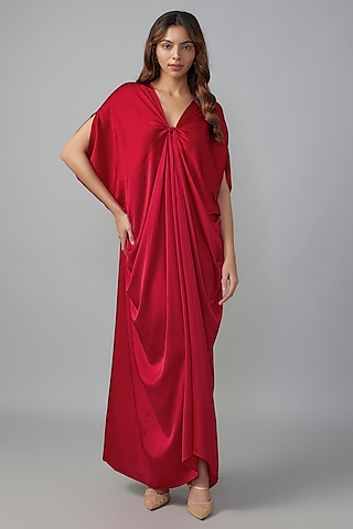 Red Ombre Silk Lycra Satin Kaftan by Stephany