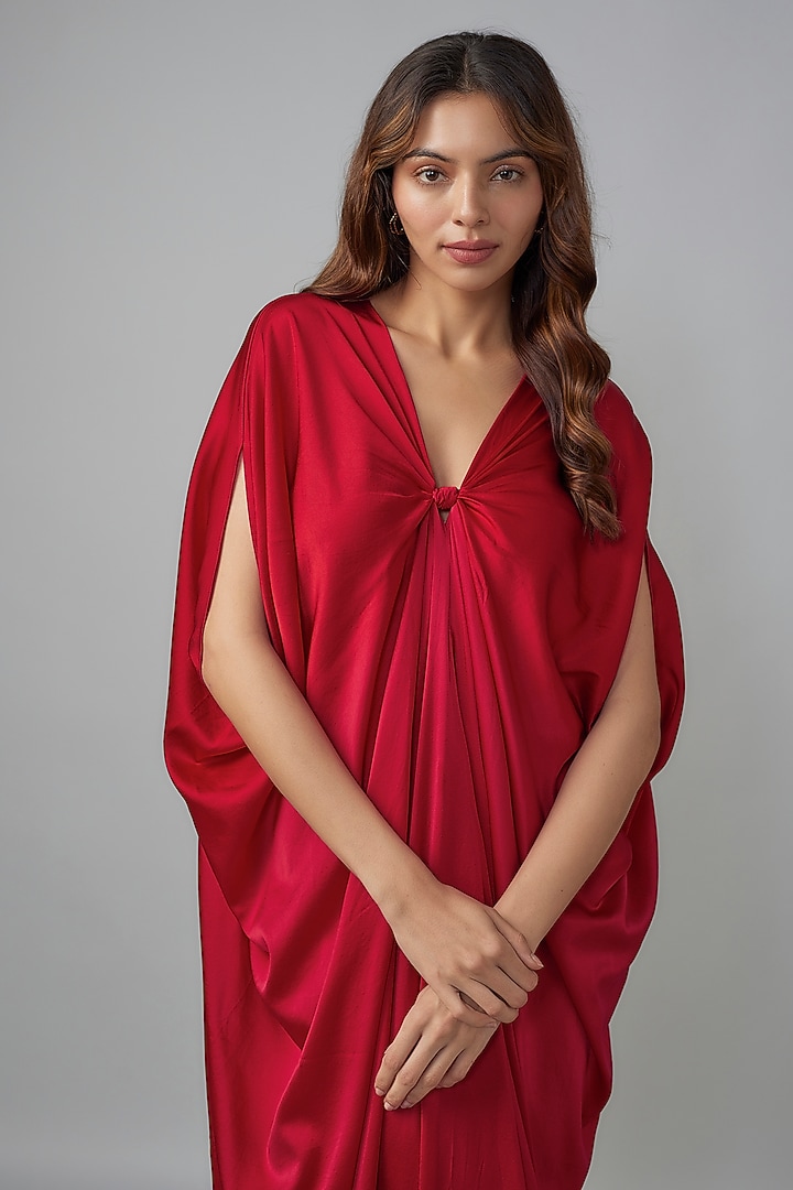 Red Ombre Silk Lycra Satin Kaftan by Stephany at Pernia's Pop Up Shop