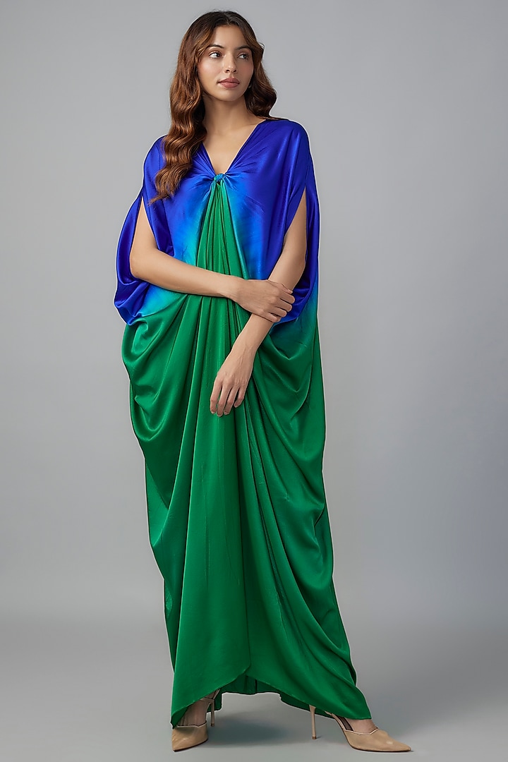 Green Ombre Silk Lycra Satin Kaftan by Stephany at Pernia's Pop Up Shop