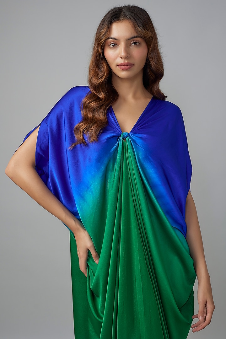 Green Ombre Silk Lycra Satin Kaftan by Stephany at Pernia's Pop Up Shop