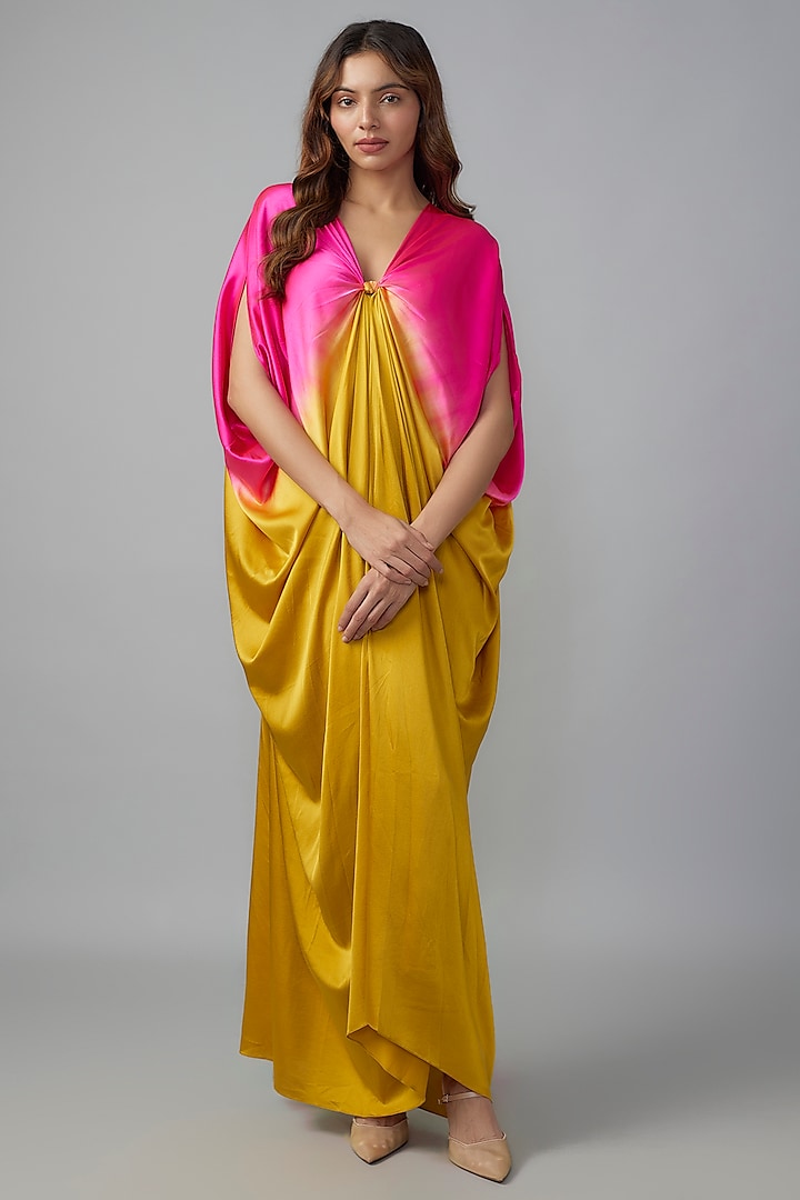 Gold Ombre Silk Lycra Satin Kaftan by Stephany