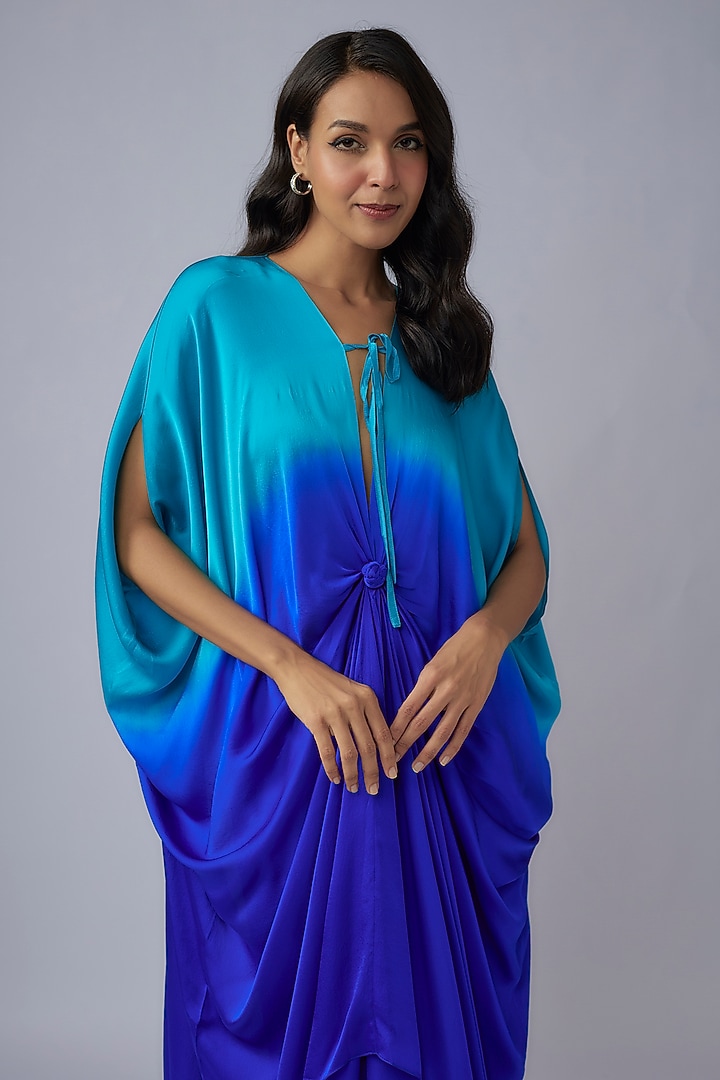 Blue Silk Satin Georgette Ombre Kaftan Set by Stephany at Pernia's Pop Up Shop