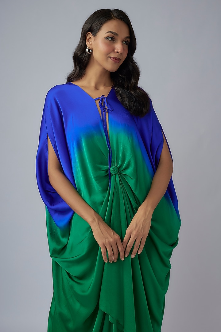 Green Silk Satin Georgette Ombre Kaftan Set by Stephany at Pernia's Pop Up Shop