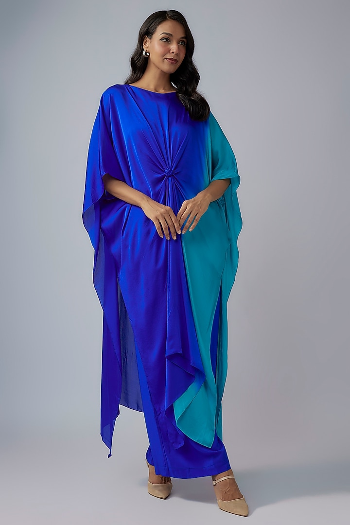 Blue Silk Satin Georgette Ombre Tunic Set by Stephany at Pernia's Pop Up Shop