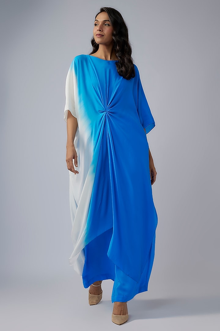 Blue Silk Satin Georgette Ombre Tunic Set by Stephany at Pernia's Pop Up Shop