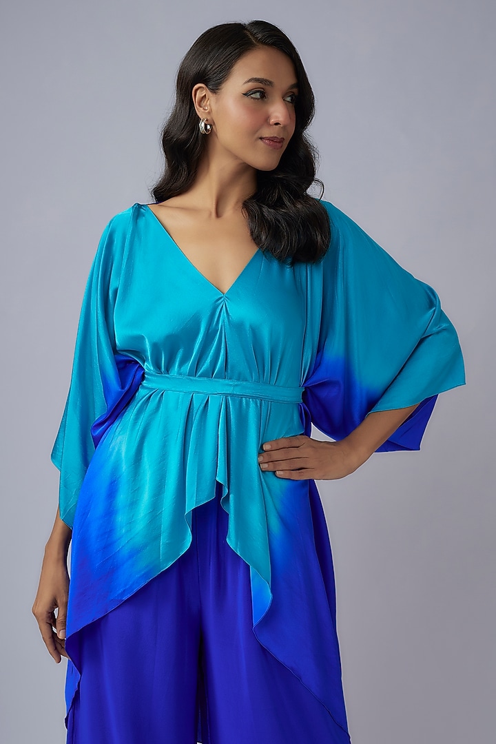 Blue Silk Lycra Satin Ombre Kaftan Set by Stephany at Pernia's Pop Up Shop