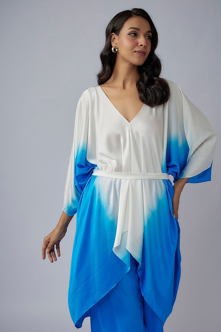 Blue Silk Lycra Satin Ombre Kaftan Set by Stephany at Pernia's Pop Up Shop