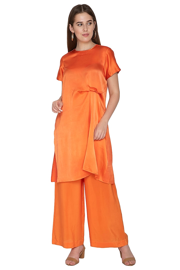Peach Pleated Tunic With Trousers by Stephany
