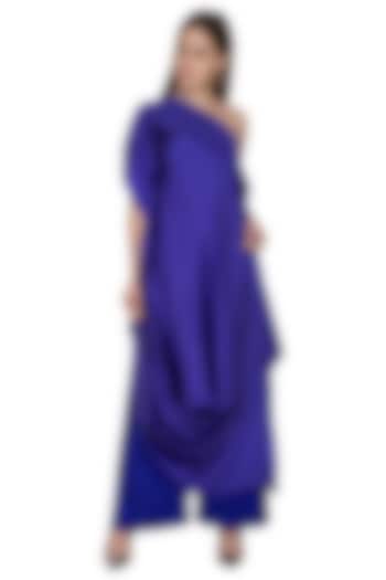 Purple Draped One Shoulder Cocktail Dress With Trousers by Stephany at Pernia's Pop Up Shop