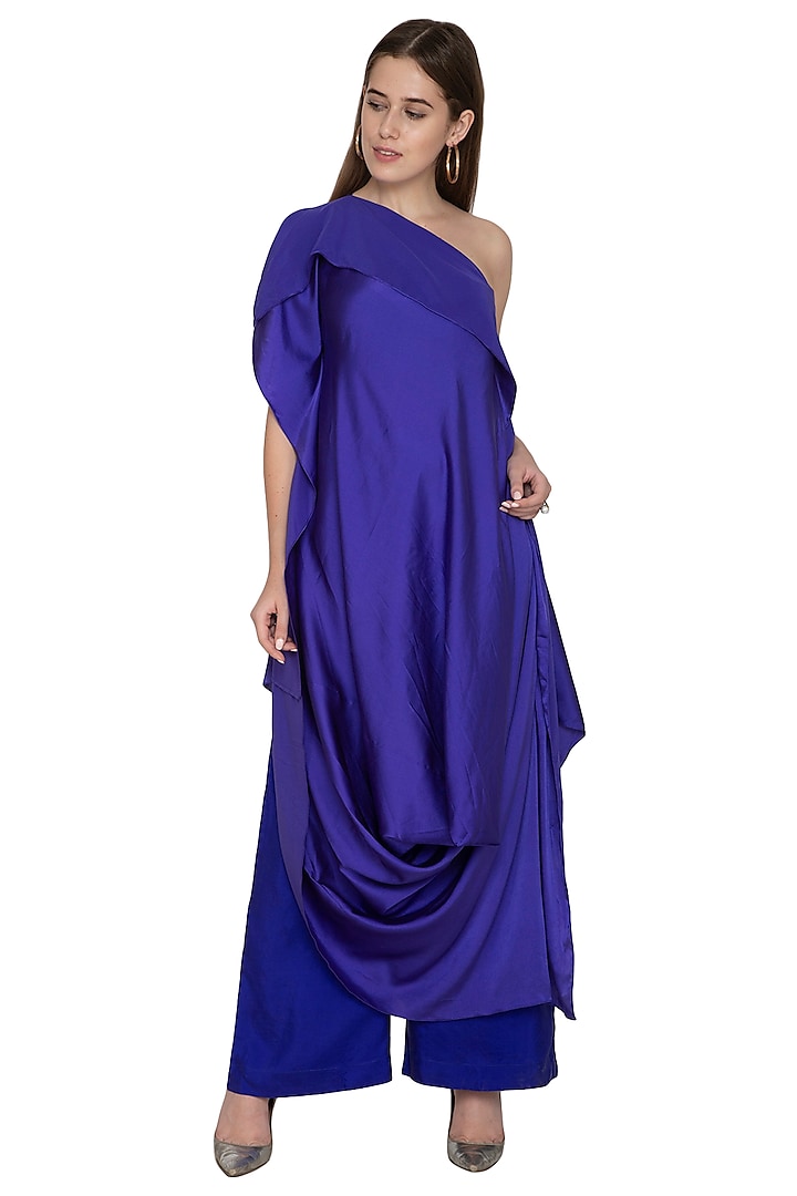 Purple Draped One Shoulder Dress With Trousers by Stephany