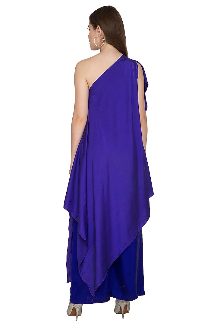 Purple Draped One Shoulder Cocktail Dress With Trousers by Stephany at Pernia's Pop Up Shop