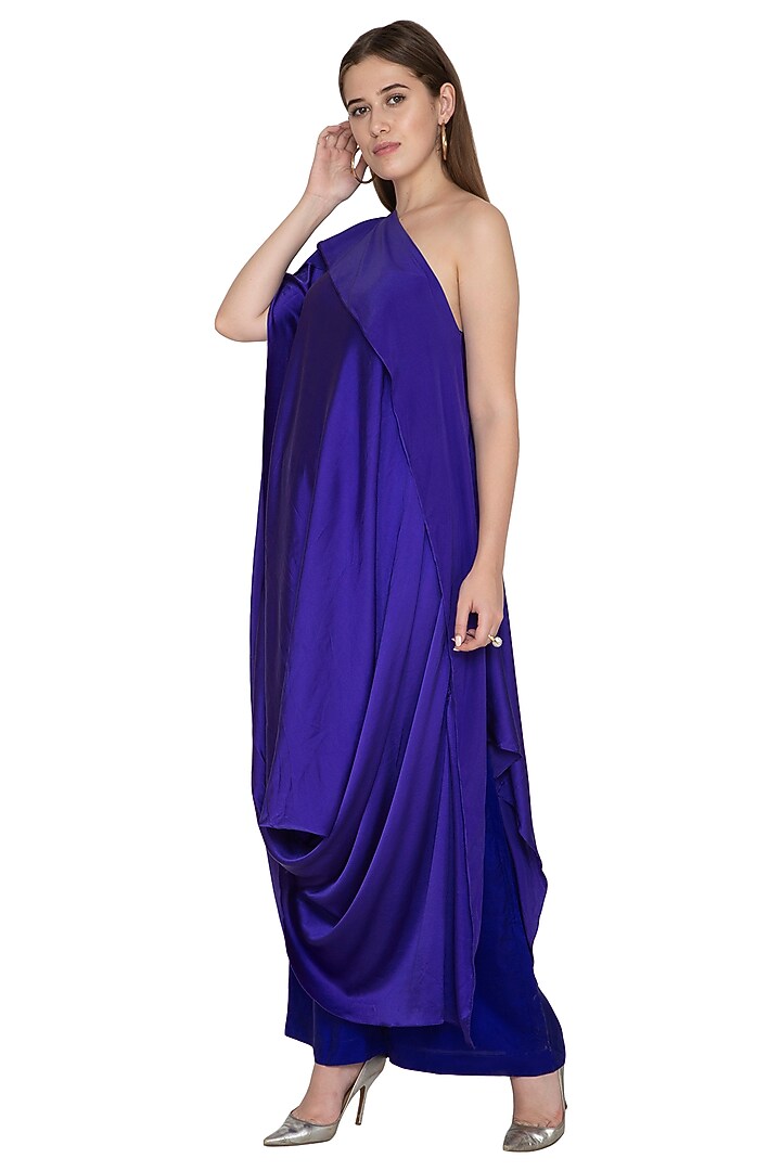 Purple Draped One Shoulder Cocktail Dress With Trousers by Stephany at Pernia's Pop Up Shop
