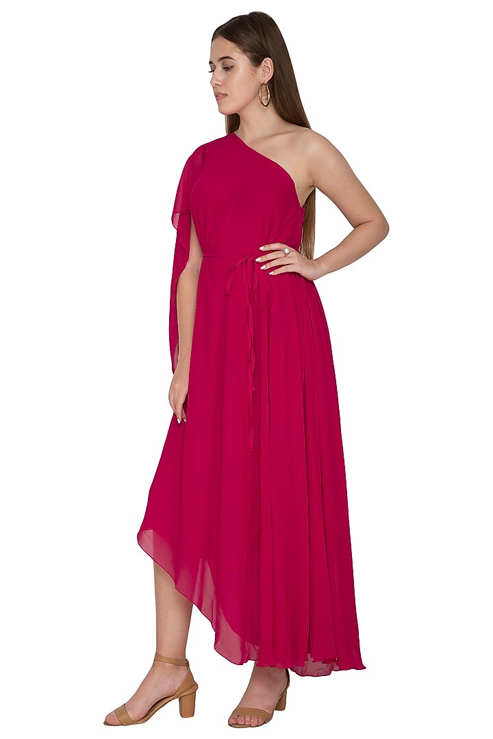 Fuchsia One Shoulder Draped Cocktail Dress by Stephany at Pernia's Pop Up Shop