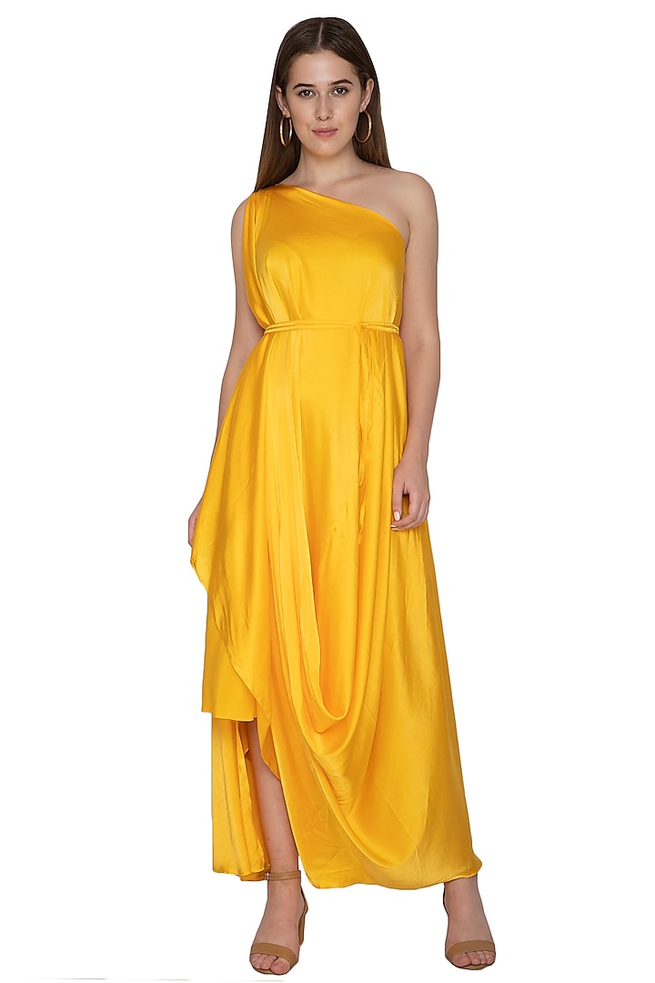 Yellow One Shoulder Dress With Belt by Stephany