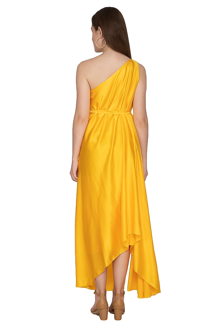 Yellow One Shoulder Cocktail Dress With Belt by Stephany at Pernia's Pop Up Shop
