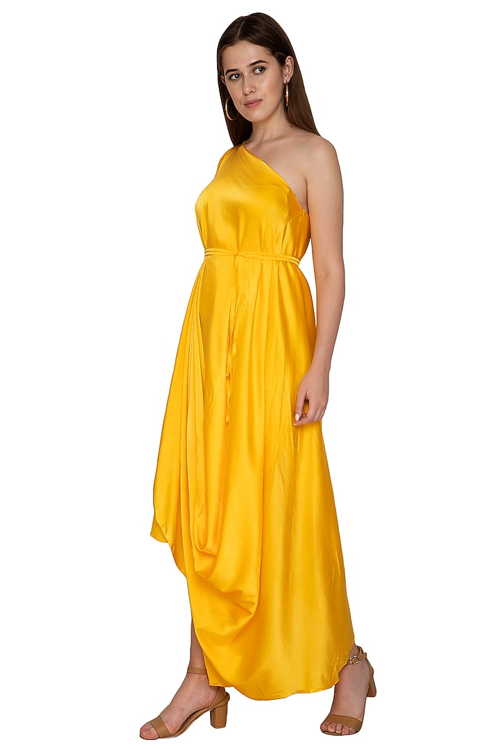 Yellow One Shoulder Cocktail Dress With Belt by Stephany at Pernia's Pop Up Shop