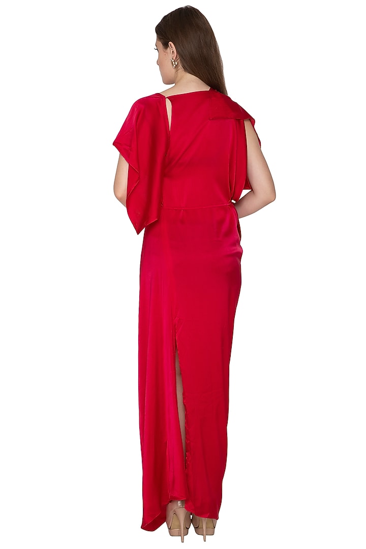 Fuchsia One Shoulder Silk Vacation Dress With Belt by Stephany at Pernia's Pop Up Shop