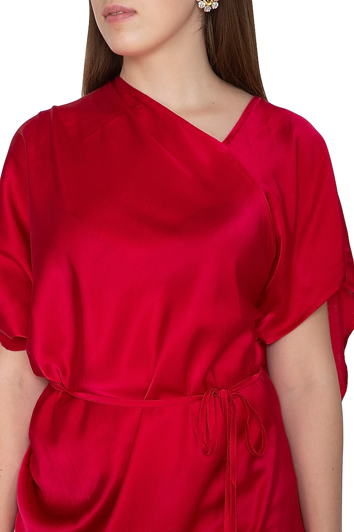 Fuchsia One Shoulder Silk Vacation Dress With Belt by Stephany at Pernia's Pop Up Shop