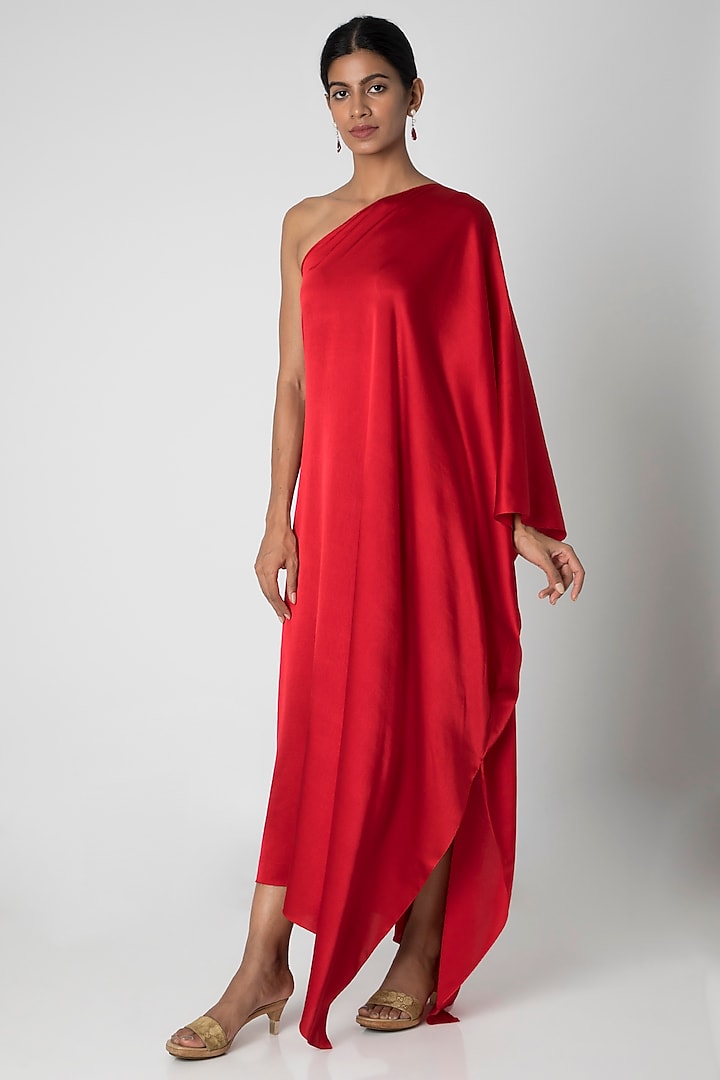 Red One Shoulder Maxi Dress by Stephany