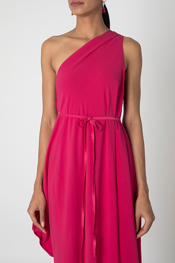 Fuchsia One Shoulder Vacation Dress With Belt by Stephany at Pernia's Pop Up Shop