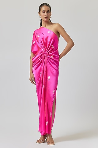 Pink Silk Lycra Satin One-Shoulder Tie-Dye Dress by Stephany
