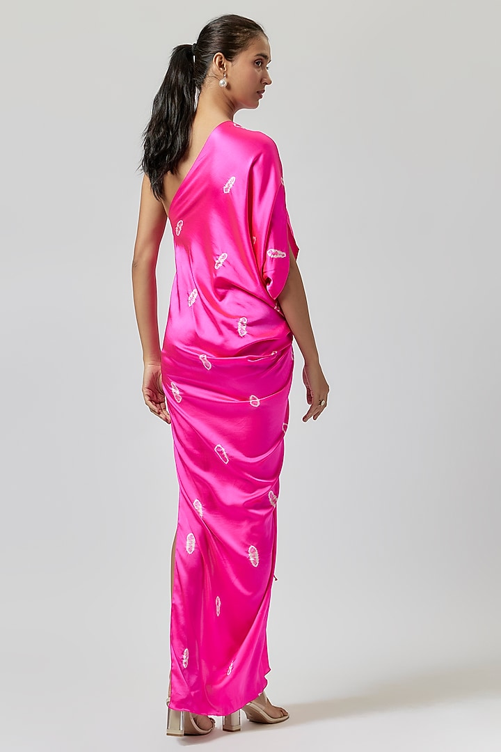 Pink Silk Lycra Satin One-Shoulder Tie-Dye Vacation Dress by Stephany at Pernia's Pop Up Shop