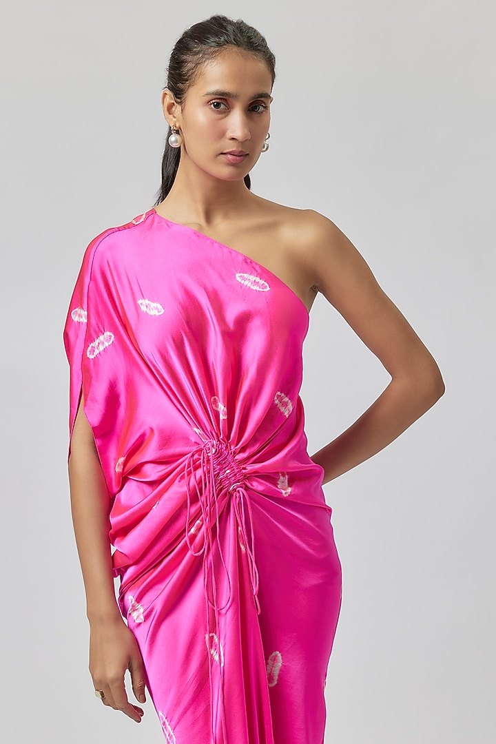 Pink Silk Lycra Satin One-Shoulder Tie-Dye Vacation Dress by Stephany at Pernia's Pop Up Shop