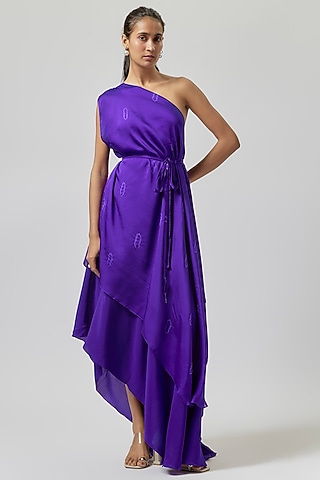 Purple Silk Satin Georgette One-Shoulder Layered Dress With Belt by Stephany