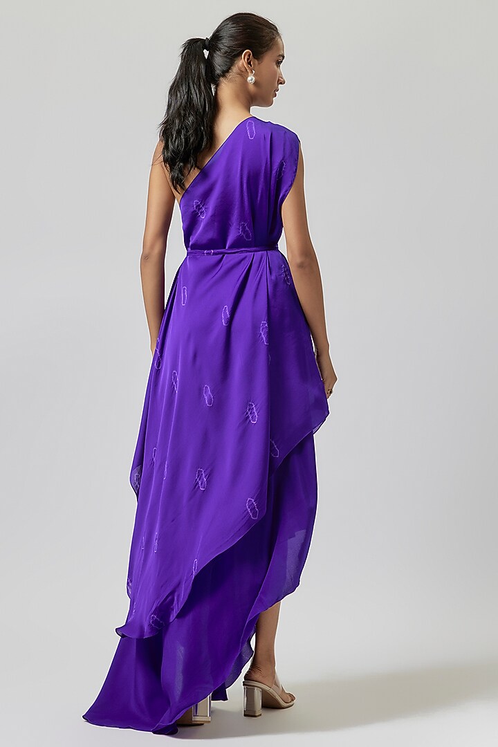 Purple Silk Satin Georgette One-Shoulder Layered Cocktail Dress With Belt by Stephany at Pernia's Pop Up Shop