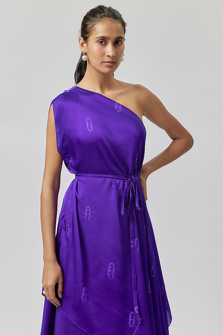 Purple Silk Satin Georgette One-Shoulder Layered Cocktail Dress With Belt by Stephany at Pernia's Pop Up Shop