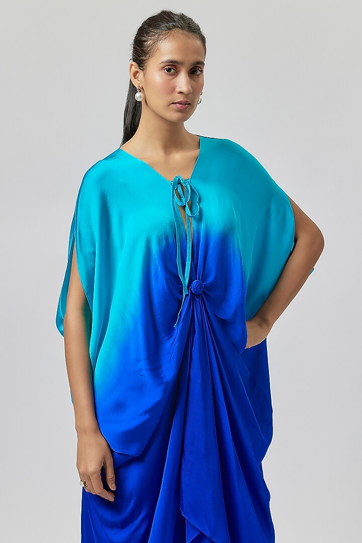 Blue Silk Satin Georgette Tunic Set by Stephany at Pernia's Pop Up Shop