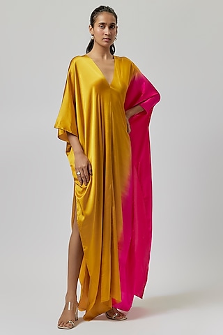 Gold Silk Lycra Satin Maxi Dress by Stephany