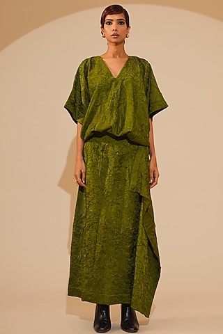 Jade Green Hand Crushed Silk Maxi Dress by STOIQUE 