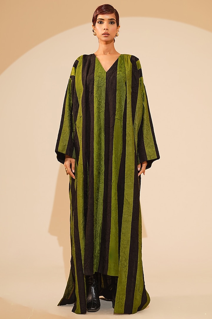 Jade Green & Black Crushed Silk Overlay Structured Vacation Dress by STOIQUE  at Pernia's Pop Up Shop