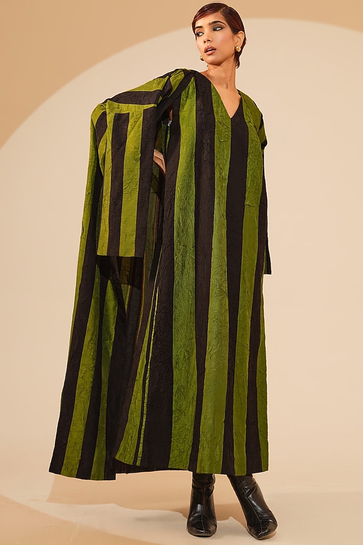 Jade Green & Black Crushed Silk Overlay Structured Vacation Dress by STOIQUE at Pernia's Pop Up Shop