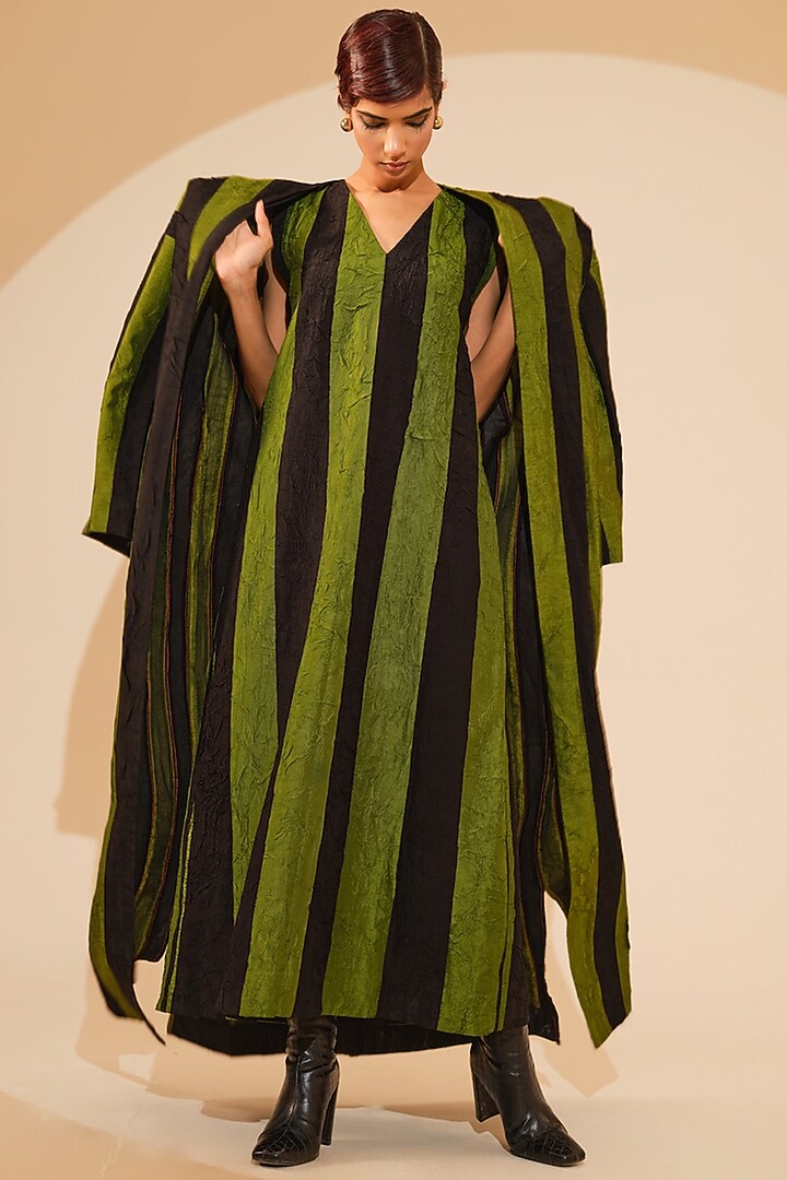 Jade Green & Black Crushed Silk Overlay Structured Vacation Dress by STOIQUE at Pernia's Pop Up Shop