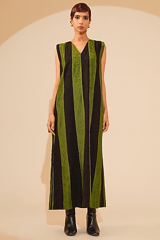 Jade Green & Black Hand Crushed Silk Maxi Dress by STOIQUE 