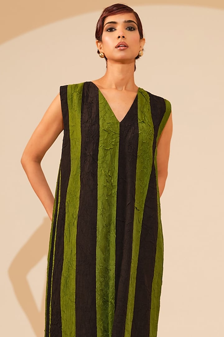 Jade Green & Black Hand Crushed Silk Maxi Vacation Dress by STOIQUE at Pernia's Pop Up Shop
