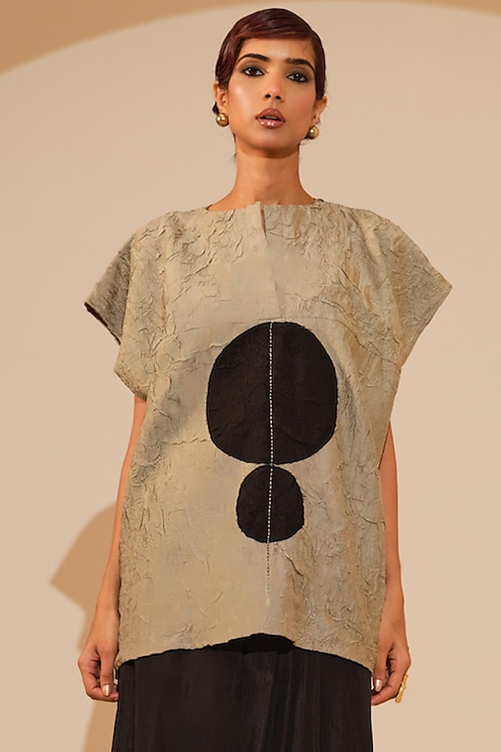 Grey & Black Hand Crushed Silk Applique Embroidered Top by STOIQUE  at Pernia's Pop Up Shop