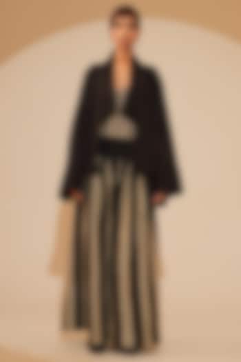 Black Crushed Silk Hand Woven Patchwork Oversized Jacket by STOIQUE  at Pernia's Pop Up Shop