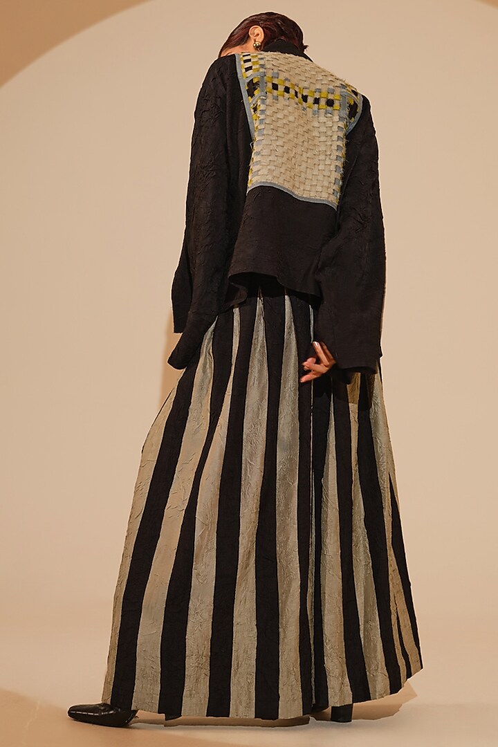 Black Crushed Silk Hand Woven Patchwork Oversized Jacket by STOIQUE at Pernia's Pop Up Shop