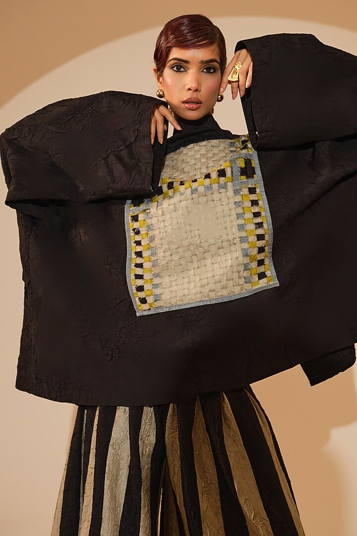Black Crushed Silk Hand Woven Patchwork Oversized Jacket by STOIQUE at Pernia's Pop Up Shop