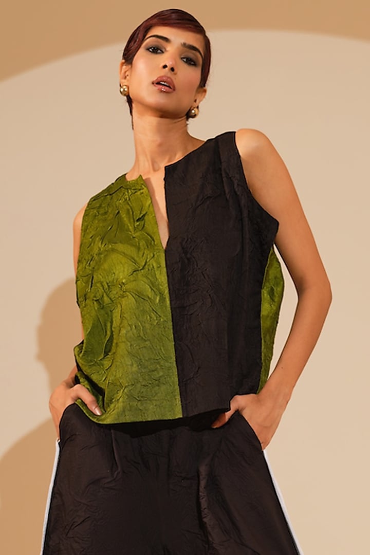 Jade Green & Black Crushed Silk Layered Top by STOIQUE at Pernia's Pop Up Shop