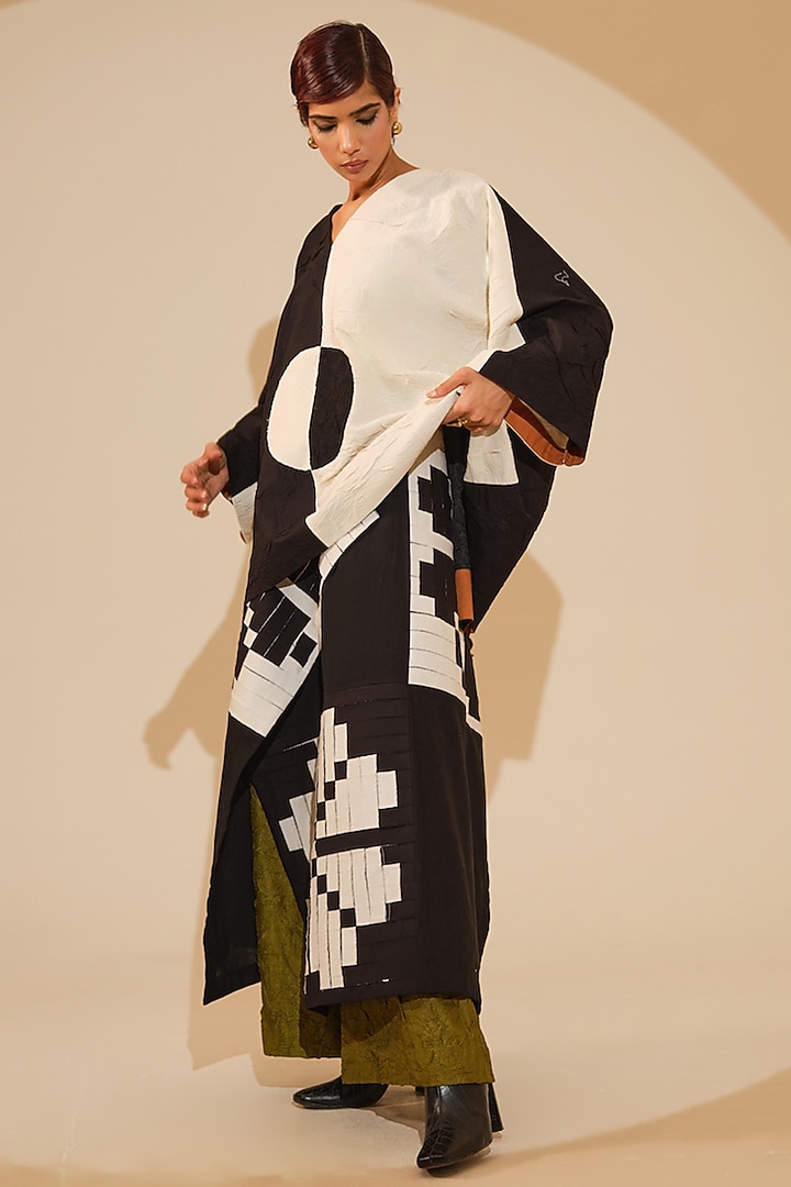 Black & Natural Beige Crushed Cotton Hand Block Printed Top by STOIQUE at Pernia's Pop Up Shop
