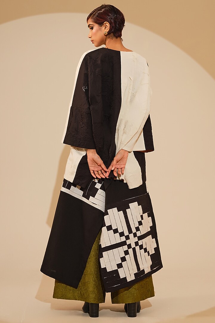 Black & Natural Beige Crushed Cotton Printed Knife-Pleated Skirt by STOIQUE  at Pernia's Pop Up Shop