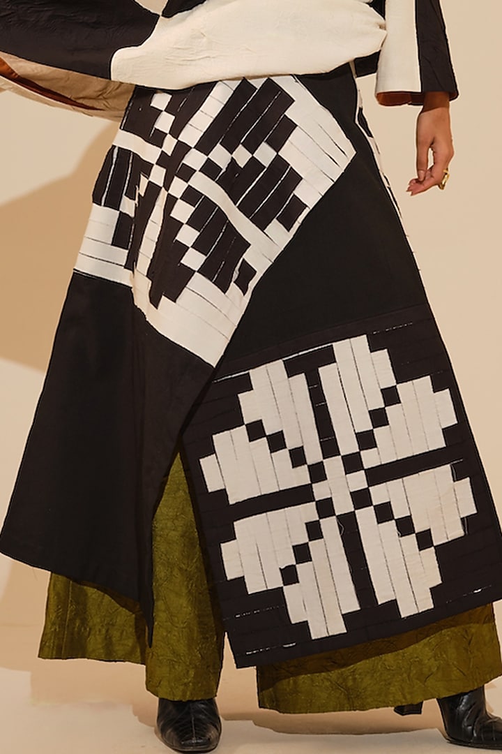 Black & Natural Beige Crushed Cotton Printed Knife-Pleated Skirt by STOIQUE  at Pernia's Pop Up Shop