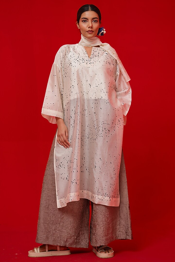 Ivory & Black Silk Chanderi Hand-Block Printed Tunic by STOIQUE at Pernia's Pop Up Shop