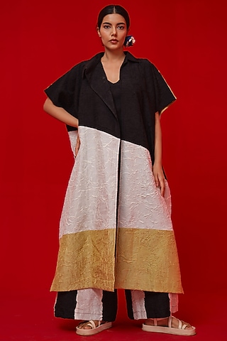 Black & Ivory Crushed Silk Color-Blocked Tunic by STOIQUE