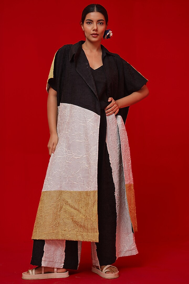 Black & Ivory Crushed Silk Color-Blocked Tunic by STOIQUE at Pernia's Pop Up Shop